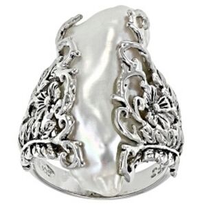 Artisan Rare Natural Cultured Pearl Intricate Floral Design SS Silver Size 7